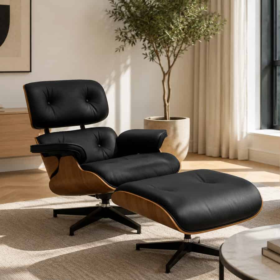 Outlet Lounge Chair Zwart Walnoot XL en Ottoman