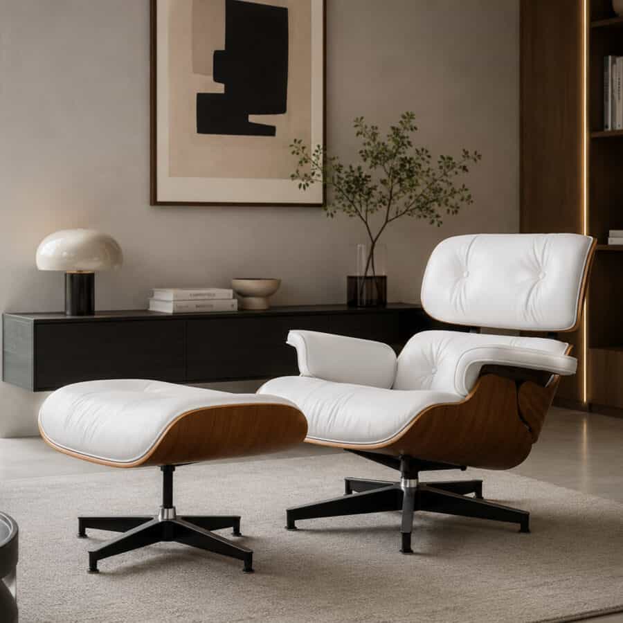 Outlet Lounge Chair Wit Walnoot XL en Ottoman